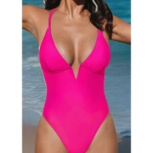 Cupshe Women’s Medium One Piece Swimsuit Hot Pink Plunge V Neck Crisscross Back